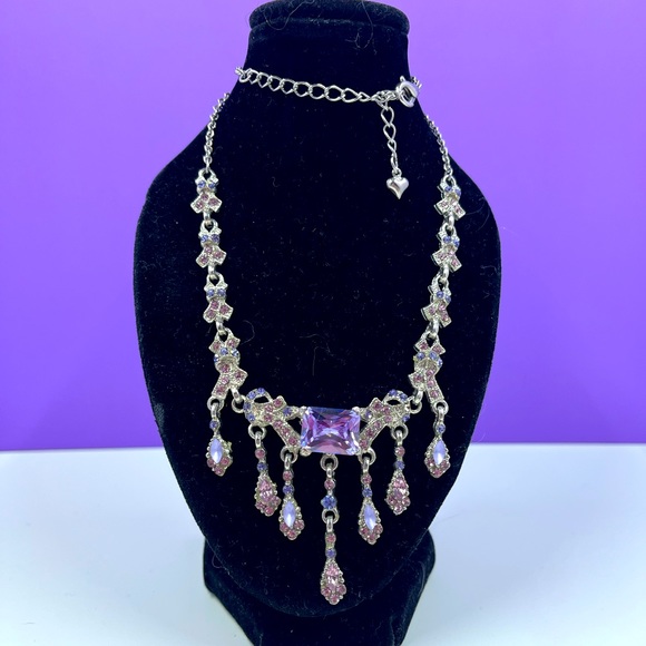 Vintage Y2K Silver with Purple & Pink Glass Crystal Chandelier Necklace - Picture 2 of 6